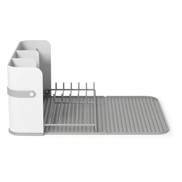 Umbra Abtropfgestell Sling - L x B x H: 33 x 38 x 17 cm, Kunststoff, Grau-Weiß - Weiß-graues Geschirrtrockengestell mit integriertem Besteckhalter und Abtropfmatte.