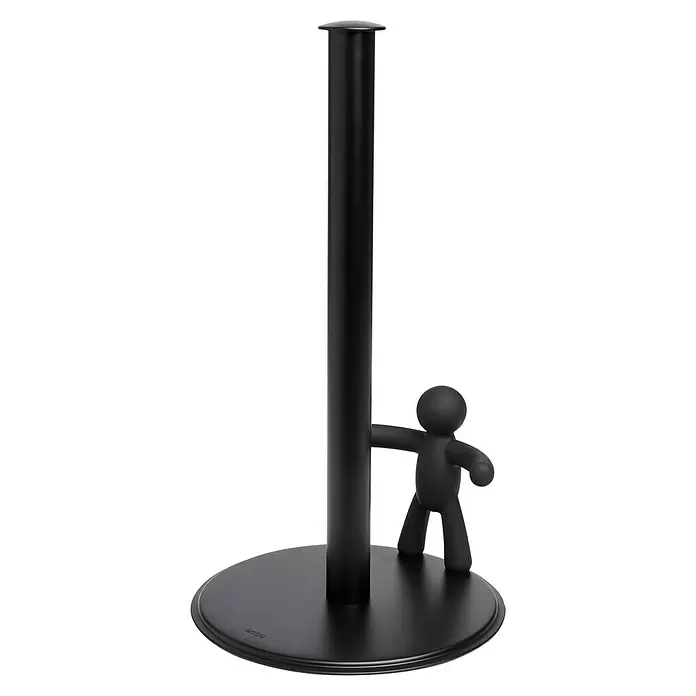 Umbra Küchenrollenhalterung Buddy - L x B x H: 19 x 18 x 34 cm, Schwarz - Mattschwarzer Küchenrollenhalter mit einer kleinen menschlichen Figur, die am Mittelpfosten hängt.