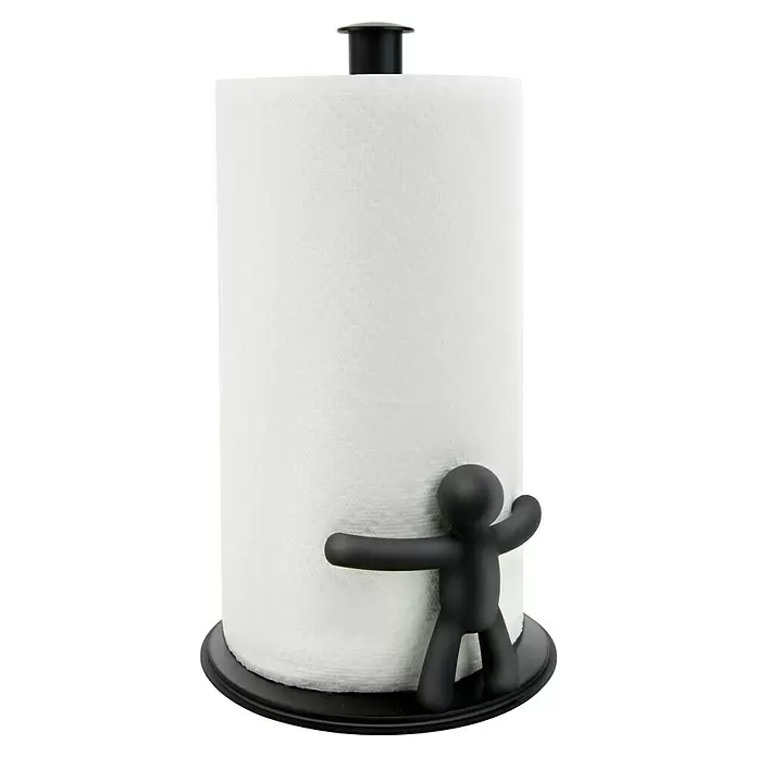 Umbra Küchenrollenhalterung Buddy - L x B x H: 19 x 18 x 34 cm, Schwarz - Schwarzer Küchenrollenhalter mit einer weißen Rolle und einer schwarzen, menschenähnlichen Figur, die die Rolle festhält.