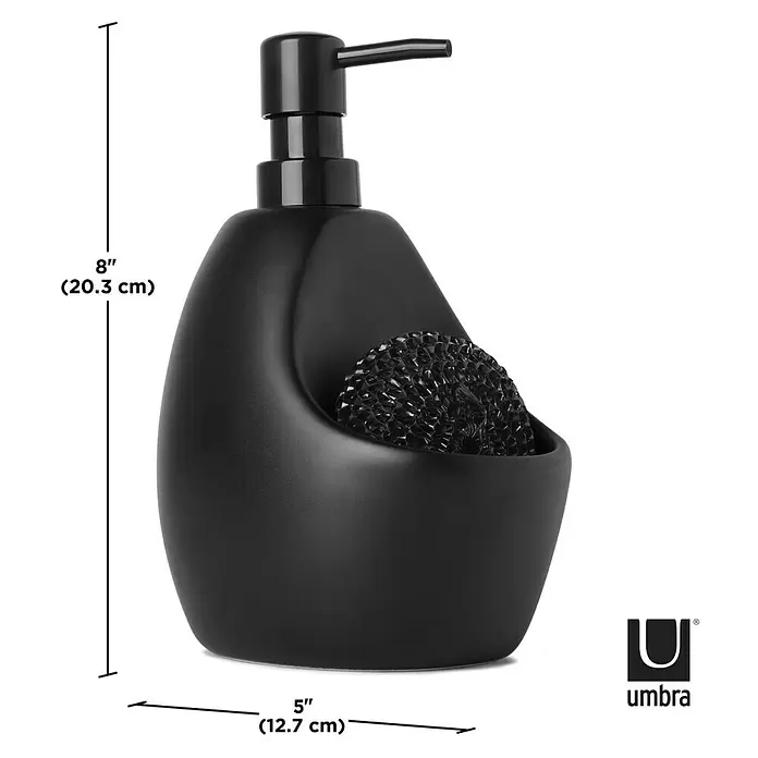 Umbra Seifenspender Joey - Kunststoff, Schwarz, 590 ml - Schwarzer Seifenspender mit integriertem Halter für schwarzen Scheuerschwamm. Misst 20,3 cm hoch und 12,7 cm breit.