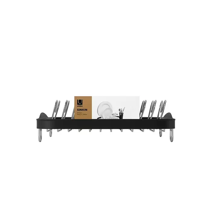 Umbra Abtropfgestell Sinkin - L x B x H: 36 x 28 x 14 cm, Edelstahl, Schwarz-Nickel - Schwarzes Abtropfgestell mit silbernen Metallstäben und Produktetikett zum Geschirrtrocknen.