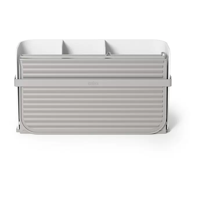 Umbra Abtropfgestell Sling - L x B x H: 33 x 38 x 17 cm, Kunststoff, Grau-Weiß - Graue gerippte Rollbrotbox mit integriertem weißen Organizer auf der Rückseite.