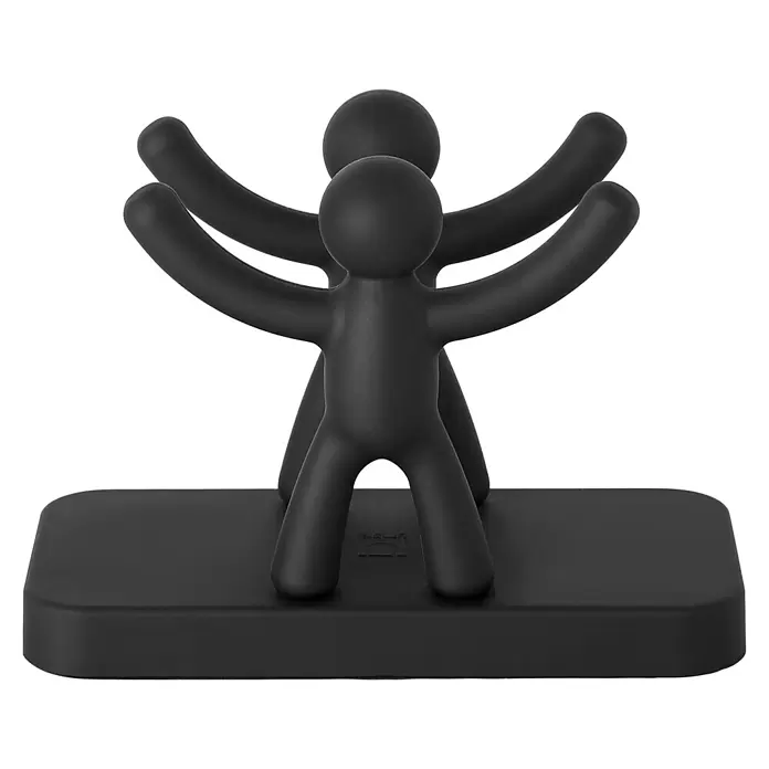 Umbra Serviettenhalter Buddy - 15 x 8 x 11 mm, Schwarz, Kunststoff - Zwei matt-schwarze stilisierte Figuren auf rechteckigem Sockel, Arme erhoben, als Buchstütze oder Ständer.