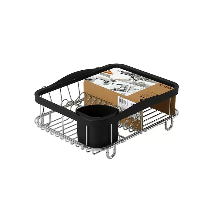Umbra Abtropfgestell Sinkin - L x B x H: 36 x 29 x 14 cm, Edelstahl, Schwarz/Nickel - Schwarz-silbernes Abtropfgestell mit Besteckhalter und brauner Verpackung.