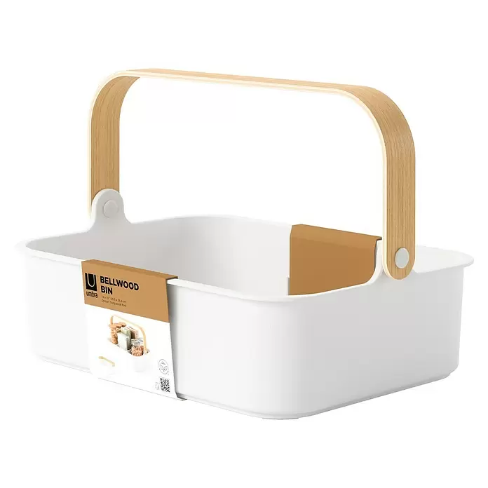 Umbra Aufbewahrungsbox Bellwood - L x B x H: 35 x 13 x 26 cm, Kunststoff, Weiß/Natur - Weißer Bellwood Aufbewahrungskorb mit hellem Holzgriff und Produktetikett.