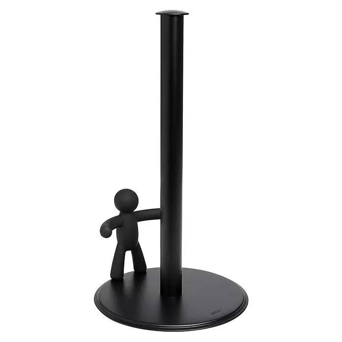 Umbra Küchenrollenhalterung Buddy - L x B x H: 19 x 18 x 34 cm, Schwarz - Schwarzer Küchenrollenhalter mit einer kleinen schwarzen Figur, die sich an der Stange festhält.