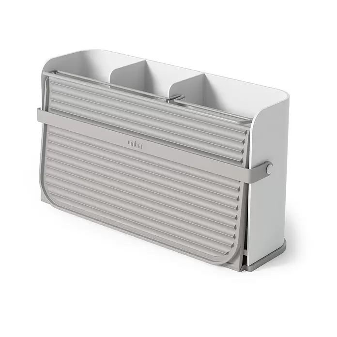Umbra Abtropfgestell Sling - L x B x H: 33 x 38 x 17 cm, Kunststoff, Grau-Weiß - Weiß-grauer Geschirrabtropfständer mit integriertem aufrollbarem Abtropfer und Utensilienfächern.
