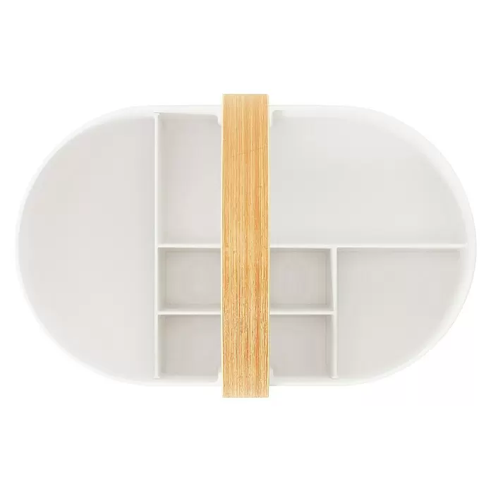 Umbra Aufbewahrungsbox Bellwood - L x B x H: 30 x 20 x 23 cm, Kunststoff, Weiß-Natur - Weißer ovaler Organizer mit mehreren Fächern und zentralem Holzgriff.