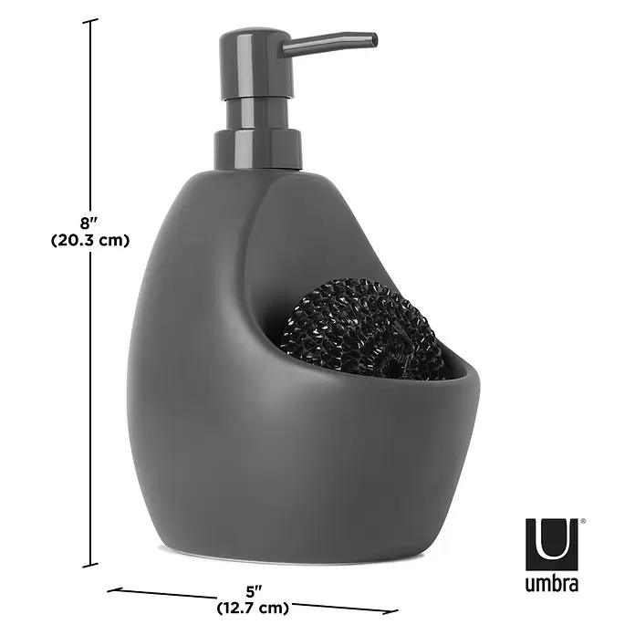 Umbra Seifenspender Joey - Kunststoff, Anthrazit, 590 ml - Dunkelgrauer Seifenspender mit integriertem Aufbewahrungsfach für einen Scheuerschwamm. Misst 20,3 cm (8 Zoll) hoch und 12,7 cm (5 Zoll) breit.
