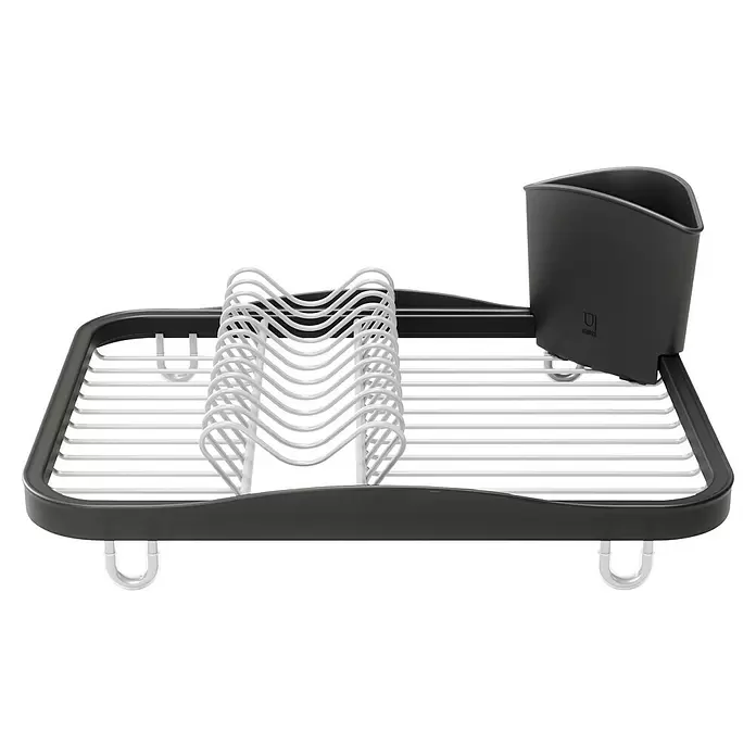 Umbra Abtropfgestell Sinkin - L x B x H: 36 x 28 x 14 cm, Edelstahl, Schwarz-Nickel - Dunkelgraues Geschirrabtropfgestell mit weißen wellenförmigen Geschirrfächern und passendem Besteckhalter.