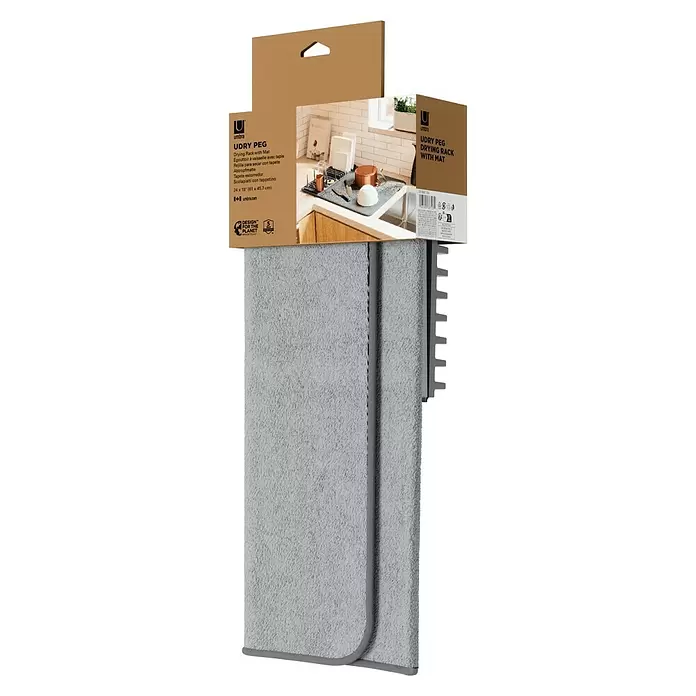 Umbra Abtropfmatte Udry Peg - L x B x H: 47 x 17 x 9 cm, Kunststoff, Anthrazit - Umbra Udry Peg Abtropfgestell mit grauer Matte und grauen Kunststoffstiften, im Einzelhandel verpackt.