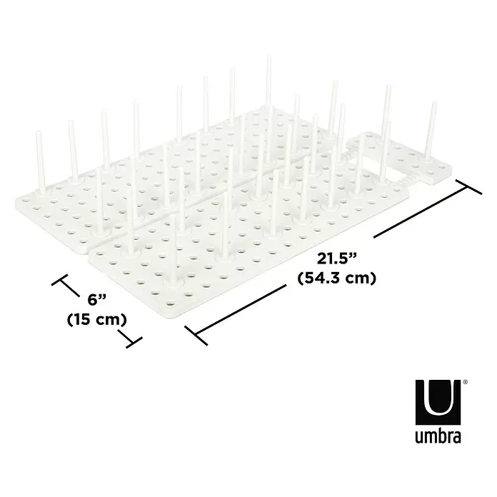 Umbra Schubladeneinsatz-Set Peggy - 45 cm, 15 cm, 1 cm, Weiß - Weißes modulares Trockengestell mit Stäbchen und Maßen.