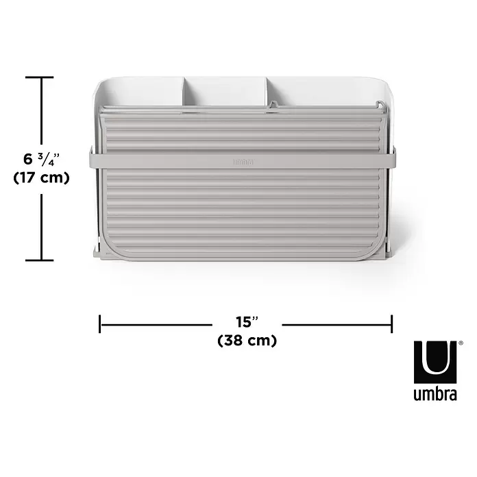 Umbra Abtropfgestell Sling - L x B x H: 33 x 38 x 17 cm, Kunststoff, Grau-Weiß - Hellgraues Geschirrtrockengestell mit zwei Fächern, 17 cm (6 ¾ Zoll) hoch und 38 cm (15 Zoll) breit.