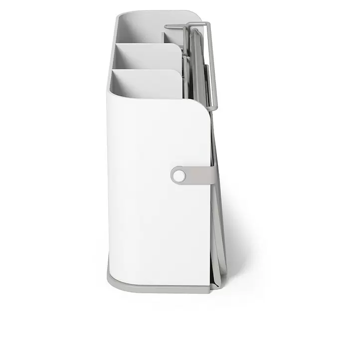 Umbra Abtropfgestell Sling - L x B x H: 33 x 38 x 17 cm, Kunststoff, Grau-Weiß - Weißer und grauer Schreibtisch-Organizer mit mehreren Fächern und Seitenhalter.