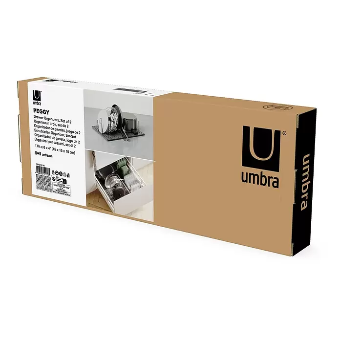 Umbra Schubladeneinsatz-Set Peggy - 45 cm, 15 cm, 1 cm, Grau, 2 Stk. - Brauner Karton für Umbra Peggy Schubladen-Organizer, 2er-Set. Zeigt Lösungen für die Küchenorganisation.