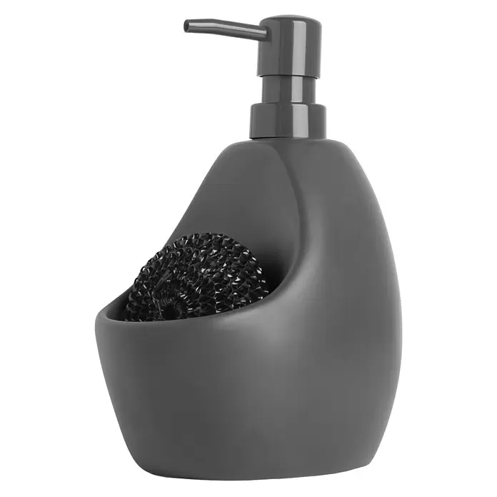 Umbra Seifenspender Joey - Kunststoff, Anthrazit, 590 ml - Dunkelgrauer Seifenspender mit Pumpe und integriertem Fach, das einen schwarzen Netzschwamm enthält.