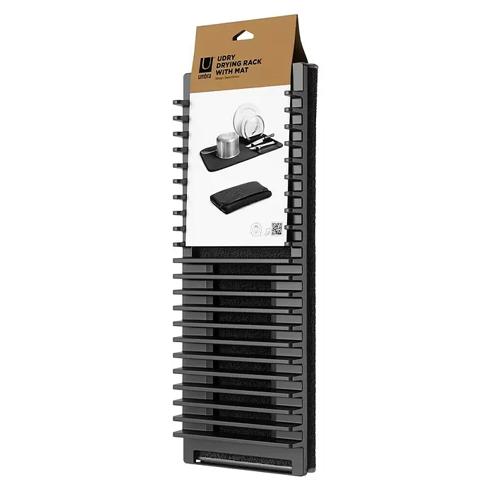 Umbra Abtropfmatte Udry - L x B x H: 61 x 46 x 4 mm, Kunststoff, Schwarz - Schwarzer Umbra UDRY Abtropfständer mit eingewebter schwarzer Textilmatte, vertikal in Verkaufsverpackung.