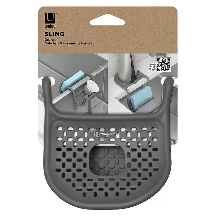 Umbra Spülbecken-Organizer Sling - 29 x 1 x 14 mm, Grau - Dunkelgrauer, flexibler Spülbecken-Organizer mit Abflusslöchern, der Schwämme, Bürsten und Seife in einem Spülbecken ordnet.