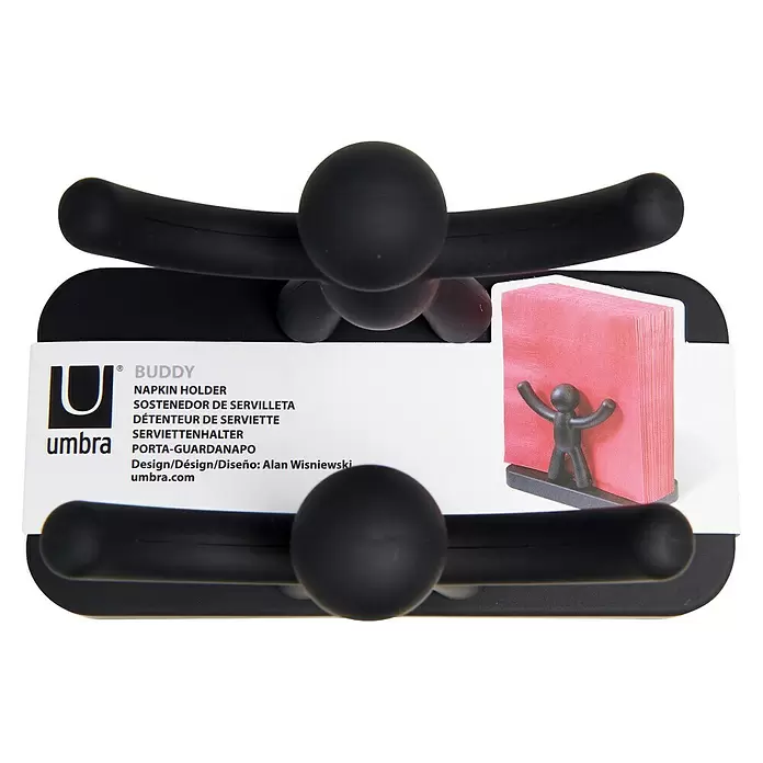 Umbra Serviettenhalter Buddy - 15 x 8 x 11 mm, Schwarz, Kunststoff - Schwarzer Buddy Serviettenhalter mit einem Design, das stilisierten Figuren ähnelt, die Servietten halten. Funktional und spielerisch.