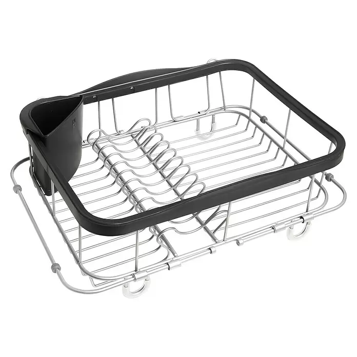 Umbra Abtropfgestell Sinkin - L x B x H: 36 x 29 x 14 cm, Edelstahl, Schwarz/Nickel - Abtropfgestell aus silbernem Metall mit schwarzem Kunststoffrand und abnehmbarem Besteckhalter.