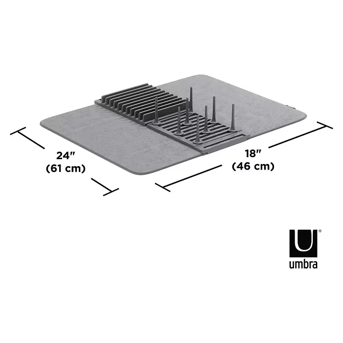 Umbra Abtropfmatte Udry Peg - L x B x H: 47 x 17 x 9 cm, Kunststoff, Anthrazit - Graue Geschirrtrockenmatte mit modularem grauen Plastik-Geschirrständer, Tellerfächern und Stiften für Tassen. Misst 61x46 cm (24x18 Zoll).
