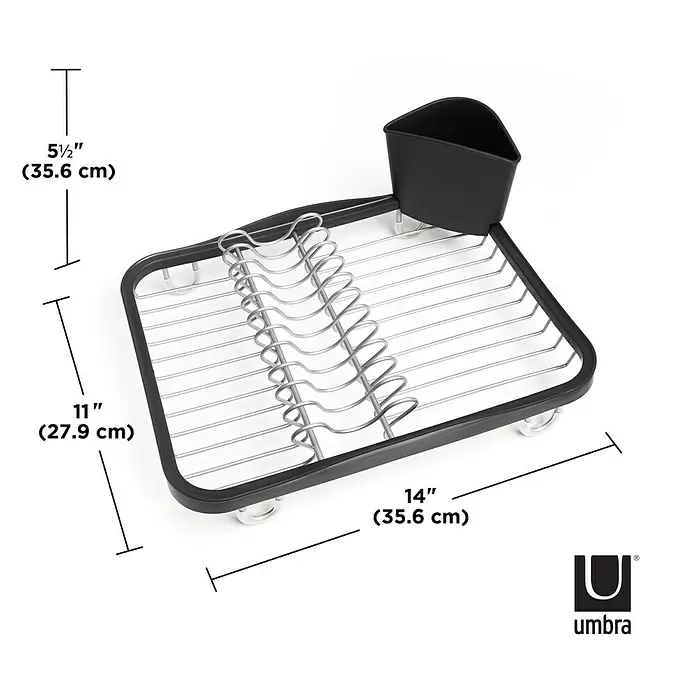 Umbra Abtropfgestell Sinkin - L x B x H: 36 x 28 x 14 cm, Edelstahl, Schwarz-Nickel - Schwarzes und silbernes Metall-Abtropfgestell mit abnehmbarem schwarzem Utensilienhalter.