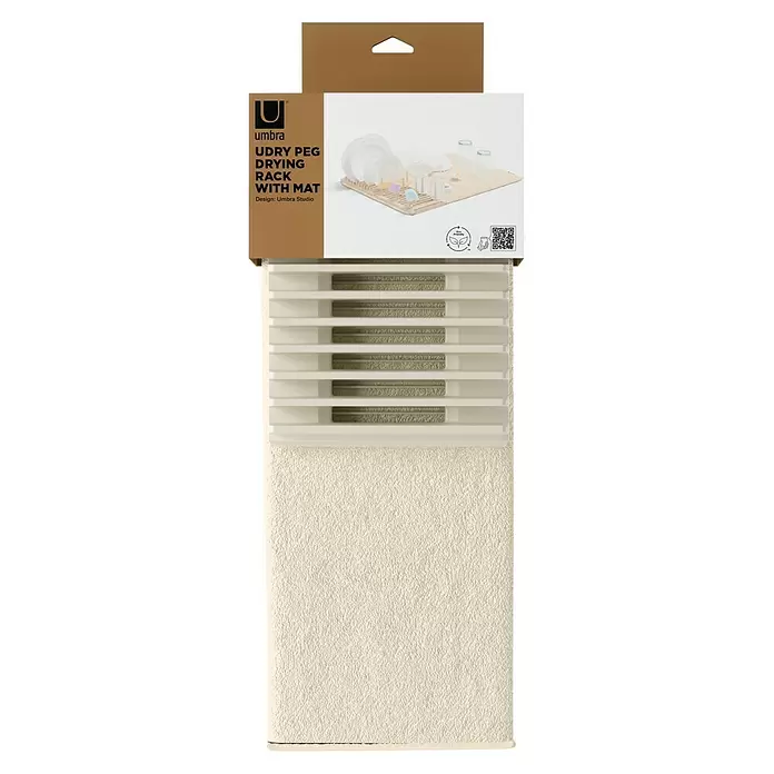 Umbra Abtropfmatte Udry Peg - L x B x H: 47 x 17 x 9 cm, Kunststoff, Beige - Umbra UDRY Abtropfgestell mit einer texturierten beigen Matte und hellbraunem Stiftgestell zum Geschirrtrocknen.