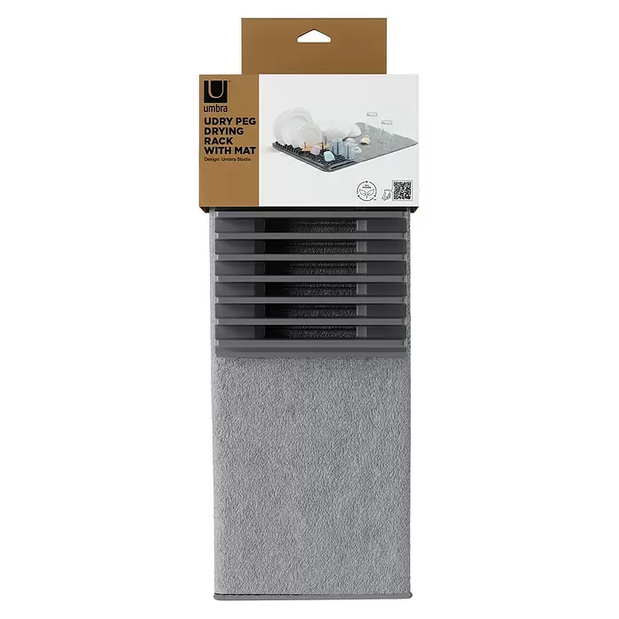 Umbra Abtropfmatte Udry Peg - L x B x H: 47 x 17 x 9 cm, Kunststoff, Anthrazit - Verpacktes Umbra UDRY Abtropfgestell mit Matte. Brauner Header, graues Gestell mit dunklen Abschnitten und graue Matte.
