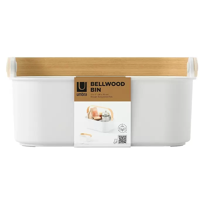 Umbra Aufbewahrungsbox Bellwood - L x B x H: 27 x 12 x 17 cm, Kunststoff, Weiß/Natur - Weißer rechteckiger Aufbewahrungsbehälter mit Naturholzgriff oben. Ein Etikett zeigt 'umbra BELLWOOD BIN'.