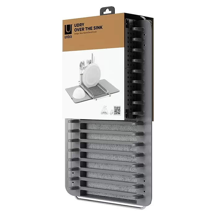 Umbra Abtropfmatte Udry - L x B x H: 51 x 57 x 17 mm, Kunststoff, Grau - Umbra UDRY Over The Sink Abtropfgestell mit grauer Matte und grauem Plastikgestell, teilweise in brauner Verpackung.