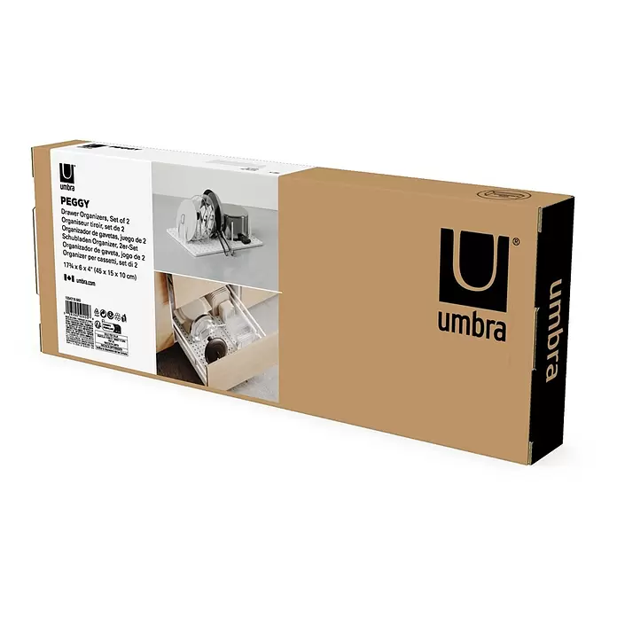 Umbra Schubladeneinsatz-Set Peggy - 45 cm, 15 cm, 1 cm, Weiß - Brauner Karton für Umbra PEGGY Schubladen-Organizer (2er-Set) mit Produktdetails und Bildern.