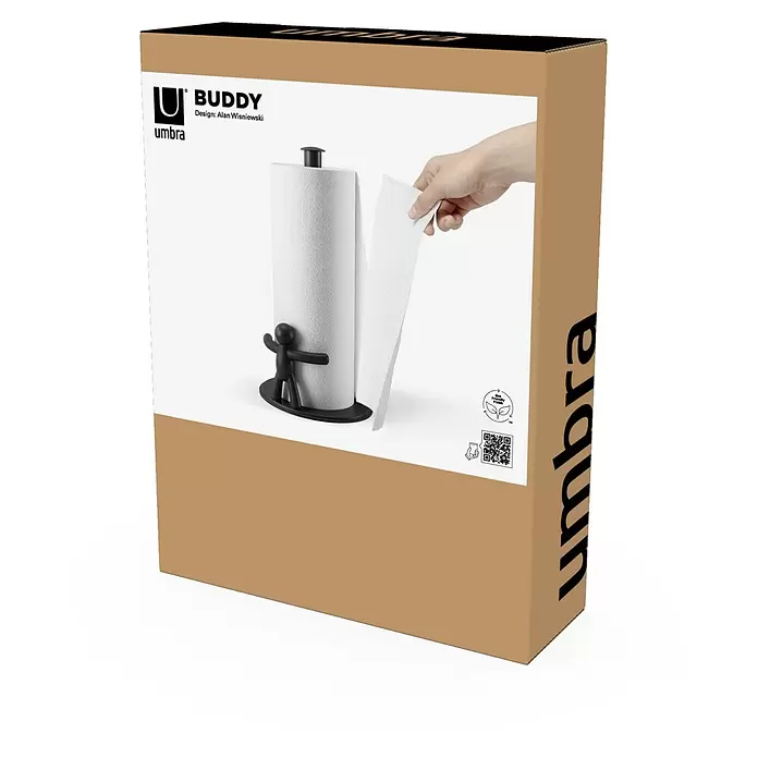 Umbra Küchenrollenhalterung Buddy - L x B x H: 19 x 18 x 34 cm, Schwarz - Braune Schachtel zeigt schwarzen Umbra Buddy Papierrollenhalter mit weißer Rolle, aus der ein Blatt gezogen wird.