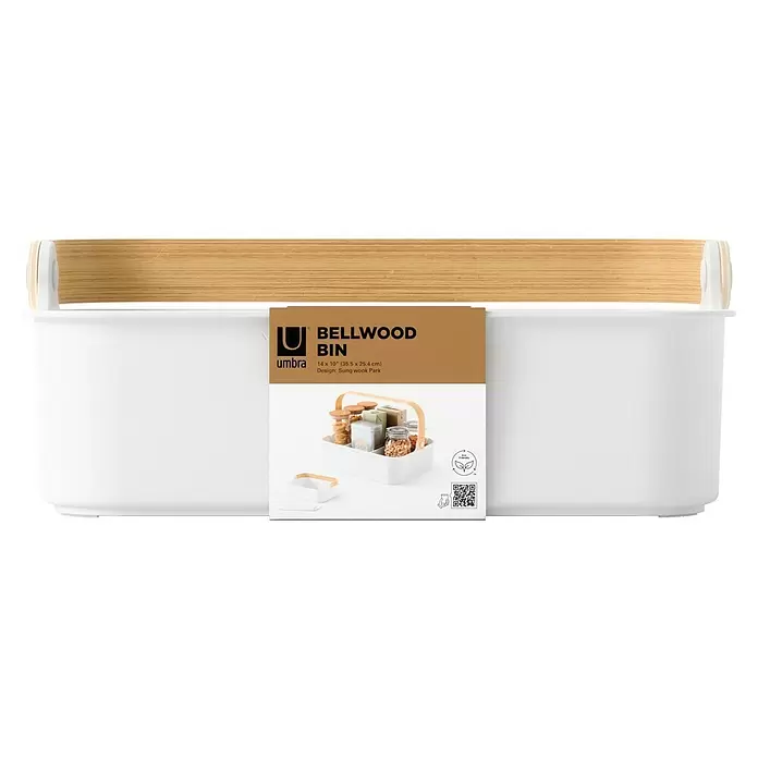 Umbra Aufbewahrungsbox Bellwood - L x B x H: 35 x 13 x 26 cm, Kunststoff, Weiß/Natur - Weißer Aufbewahrungsbehälter mit Holzgriff und Produktetikett.