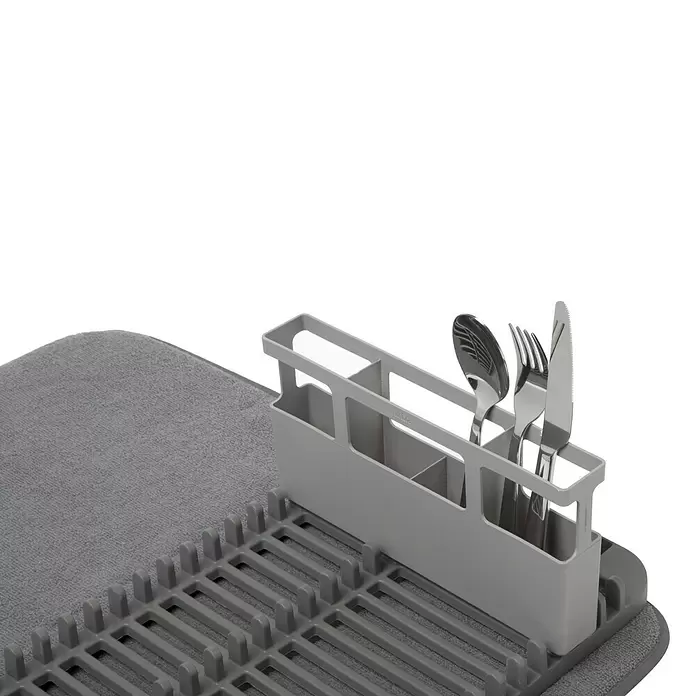 Umbra Abtropfmatte Udry - L x B x H: 61 x 46 x 27 mm, Kunststoff, Grau - Graues Abtropfgestell aus Kunststoff mit Besteckhalter und Mikrofaser-Abtropfmatte.