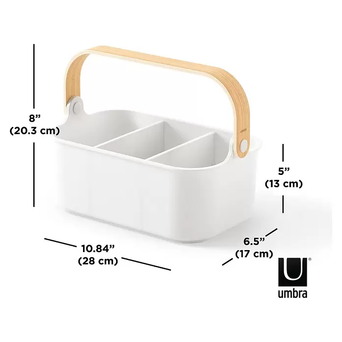 Umbra Aufbewahrungsbox Bellwood - L x B x H: 27 x 12 x 17 cm, Kunststoff, Weiß/Natur - Weißer Organisationsbehälter mit drei Fächern und hellem Holzgriff für ordentliche Aufbewahrung.