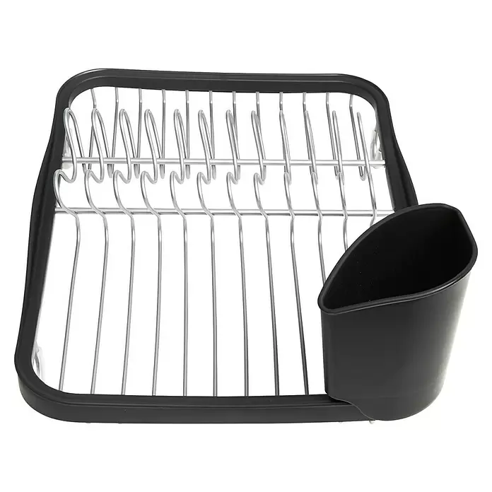 Umbra Abtropfgestell Sinkin - L x B x H: 36 x 28 x 14 cm, Edelstahl, Schwarz-Nickel - Schwarzes und silbernes Abtropfgestell aus Metall mit integriertem Besteckhalter.