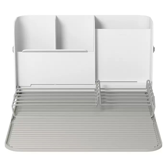 Umbra Abtropfgestell Sling - L x B x H: 33 x 38 x 17 cm, Kunststoff, Grau-Weiß - Weißes und graues Abtropfgestell mit integriertem Besteckhalter und gerippter Ablage.