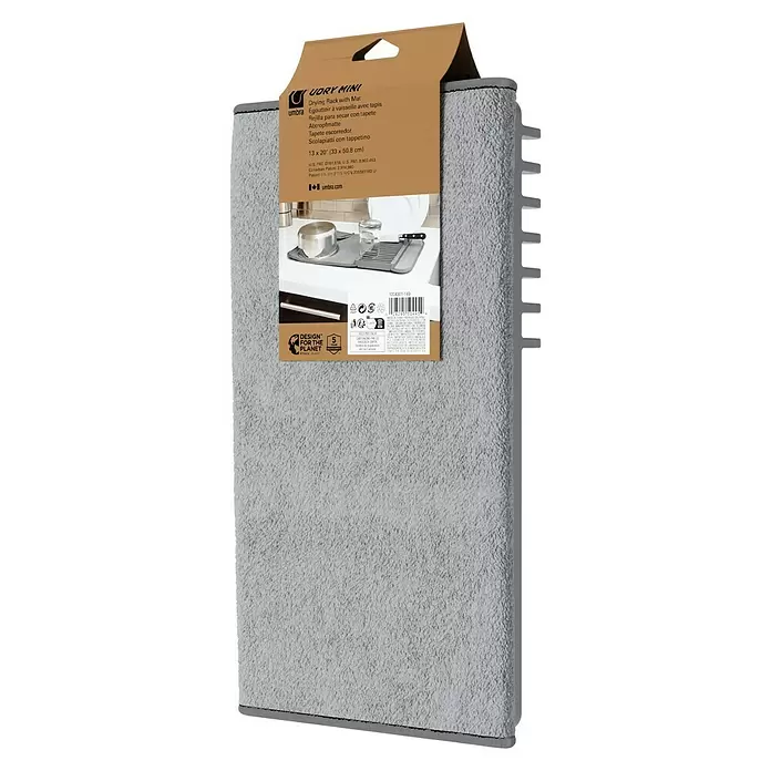 Umbra Abtropfmatte Udry Mini - L x B x H: 33 x 51 x 4 cm, Kunststoff, Anthrazit - Graues Abtropfgestell mit Matte, verpackt mit braunem Kartonaufhänger.