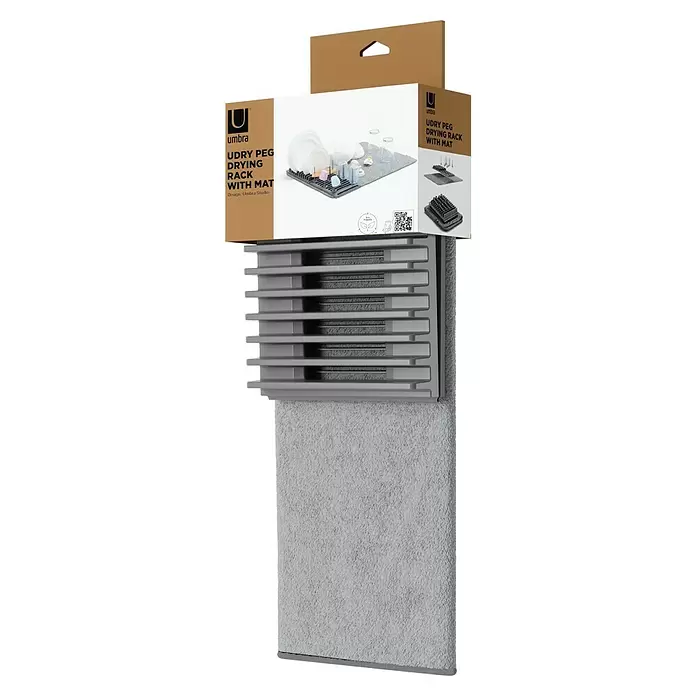 Umbra Abtropfmatte Udry Peg - L x B x H: 47 x 17 x 9 cm, Kunststoff, Anthrazit - Graues Umbra Udry Peg Geschirrtrockengestell mit integrierter Matte, in braun-weißer Verpackung.