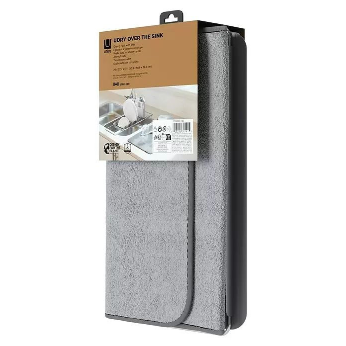 Umbra Abtropfmatte Udry - L x B x H: 51 x 57 x 17 mm, Kunststoff, Grau - Verpacktes Umbra UDRY Abtropfgestell mit sichtbarer aufgerollter grauer Matte.