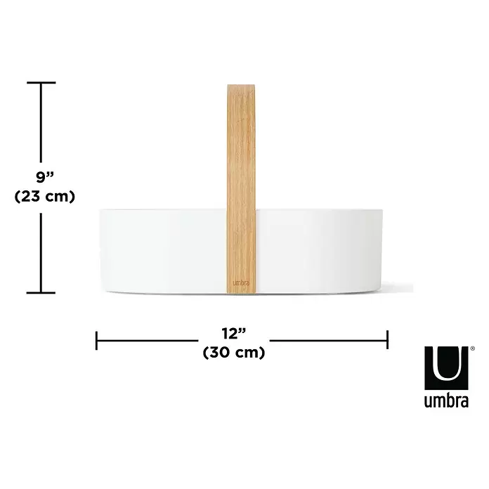 Umbra Aufbewahrungsbox Bellwood - L x B x H: 30 x 20 x 23 cm, Kunststoff, Weiß-Natur - Weißer ovaler Korb mit hellem Holzgriff, 23 cm hoch und 30 cm breit.