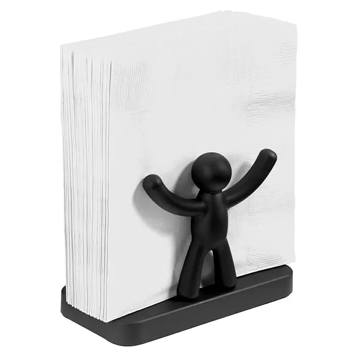 Umbra Serviettenhalter Buddy - 15 x 8 x 11 mm, Schwarz, Kunststoff - Schwarzer Figuren-Serviettenhalter mit weißen Servietten.