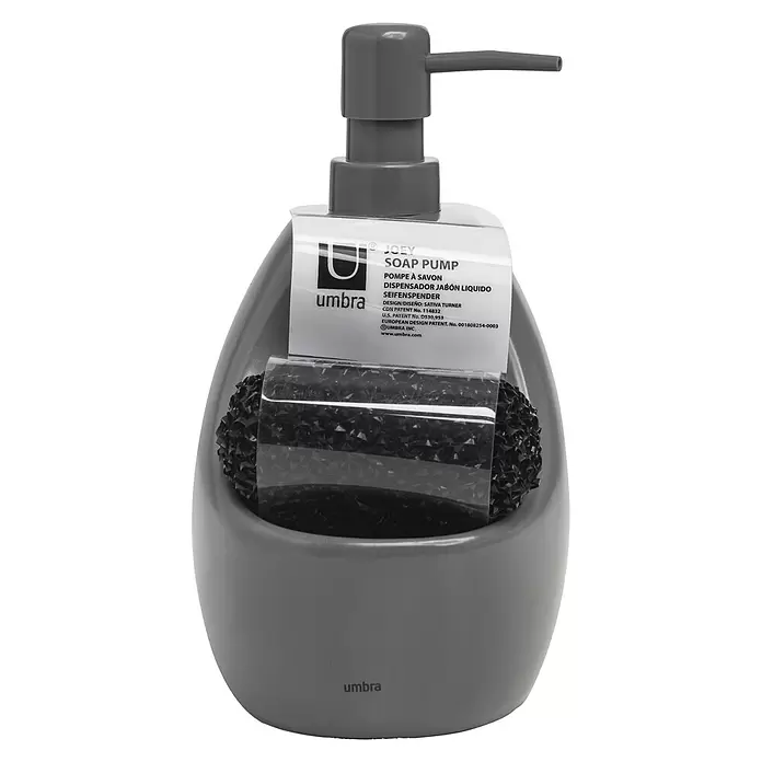 Umbra Seifenspender Joey - Kunststoff, Anthrazit, 590 ml - Graue Umbra Seifenpumpe mit integriertem Behälter und schwarzem Schwamm.