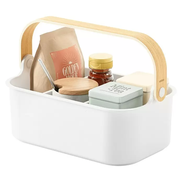 Umbra Aufbewahrungsbox Bellwood - L x B x H: 27 x 12 x 17 cm, Kunststoff, Weiß/Natur - Weißer Organizer mit hellem Holzgriff und Fächern zur Aufbewahrung kleiner Gegenstände.