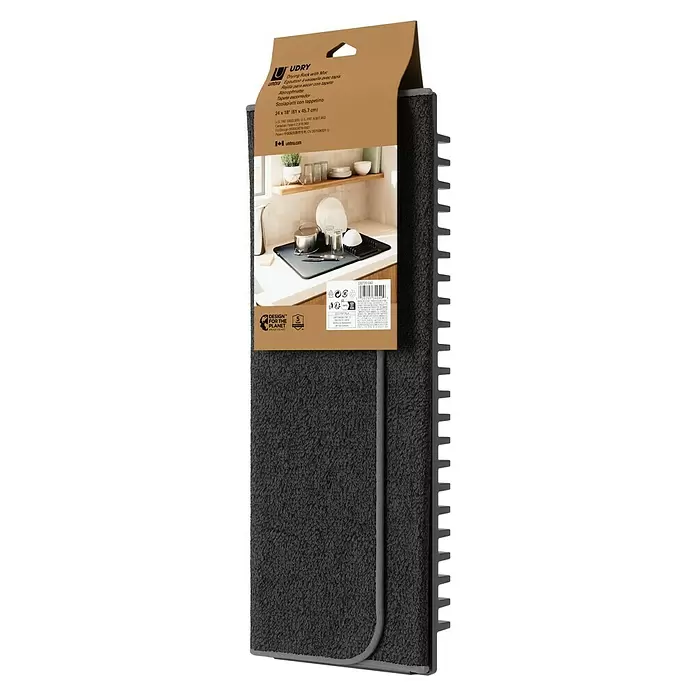 Umbra Abtropfmatte Udry - L x B x H: 61 x 46 x 4 mm, Kunststoff, Schwarz - Dunkelgraues UDRY Abtropfgestell mit Matte in Verpackung, zeigt Kücheneinsatz auf Etikett.