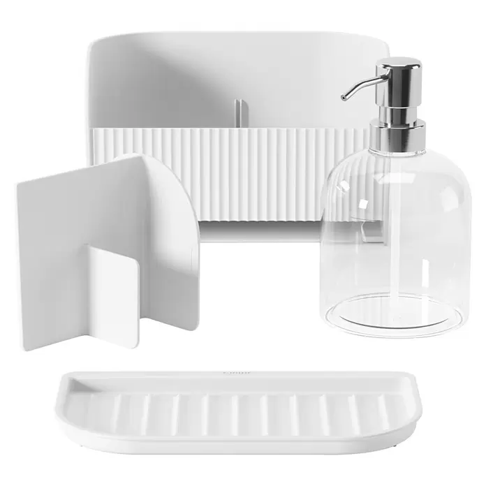 Umbra Spülbecken-Organizer Sling - L x B x H: 17 x 21 x 18 cm, Weiß - Set aus weißen und transparenten Küchenspülzubehör: Seifenspender, Schwammhalter, geriffelter Organizer und geriffelte Ablage.