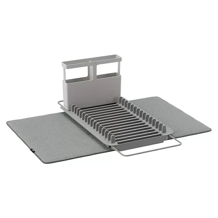 Umbra Abtropfmatte Udry - L x B x H: 51 x 57 x 17 mm, Kunststoff, Grau - Graues Umbra Abtropfgestell mit Besteckhalter und Trockenmatte aus Stoff.