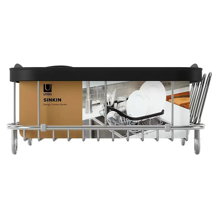 Umbra Abtropfgestell Sinkin - L x B x H: 36 x 29 x 14 cm, Edelstahl, Schwarz/Nickel - Schwarz-chromfarbener Abtropfständer mit Markenlogo, der Küchenutensilien zeigt.
