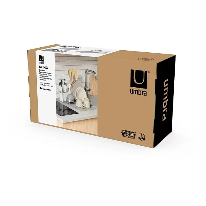Umbra Abtropfgestell Sling - L x B x H: 33 x 38 x 17 cm, Kunststoff, Grau-Weiß - Umbra Sling Abtropfgestell in brauner Kartonverpackung mit Produktbild und Details.