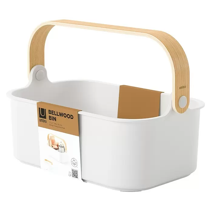 Umbra Aufbewahrungsbox Bellwood - L x B x H: 27 x 12 x 17 cm, Kunststoff, Weiß/Natur - Weißer Aufbewahrungskorb mit hellem Holzgriff.